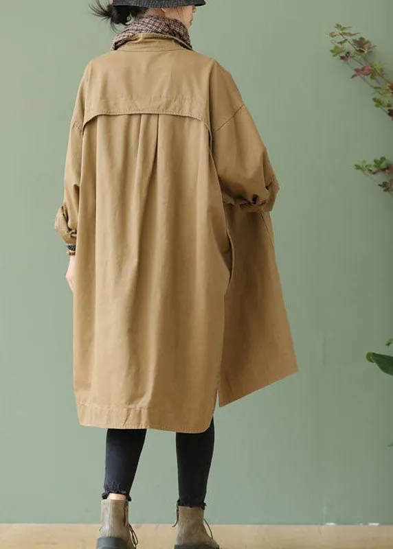 Style Khaki PeterPan Collar Pockets Button low high design Fall Long sleeve Trench Coat