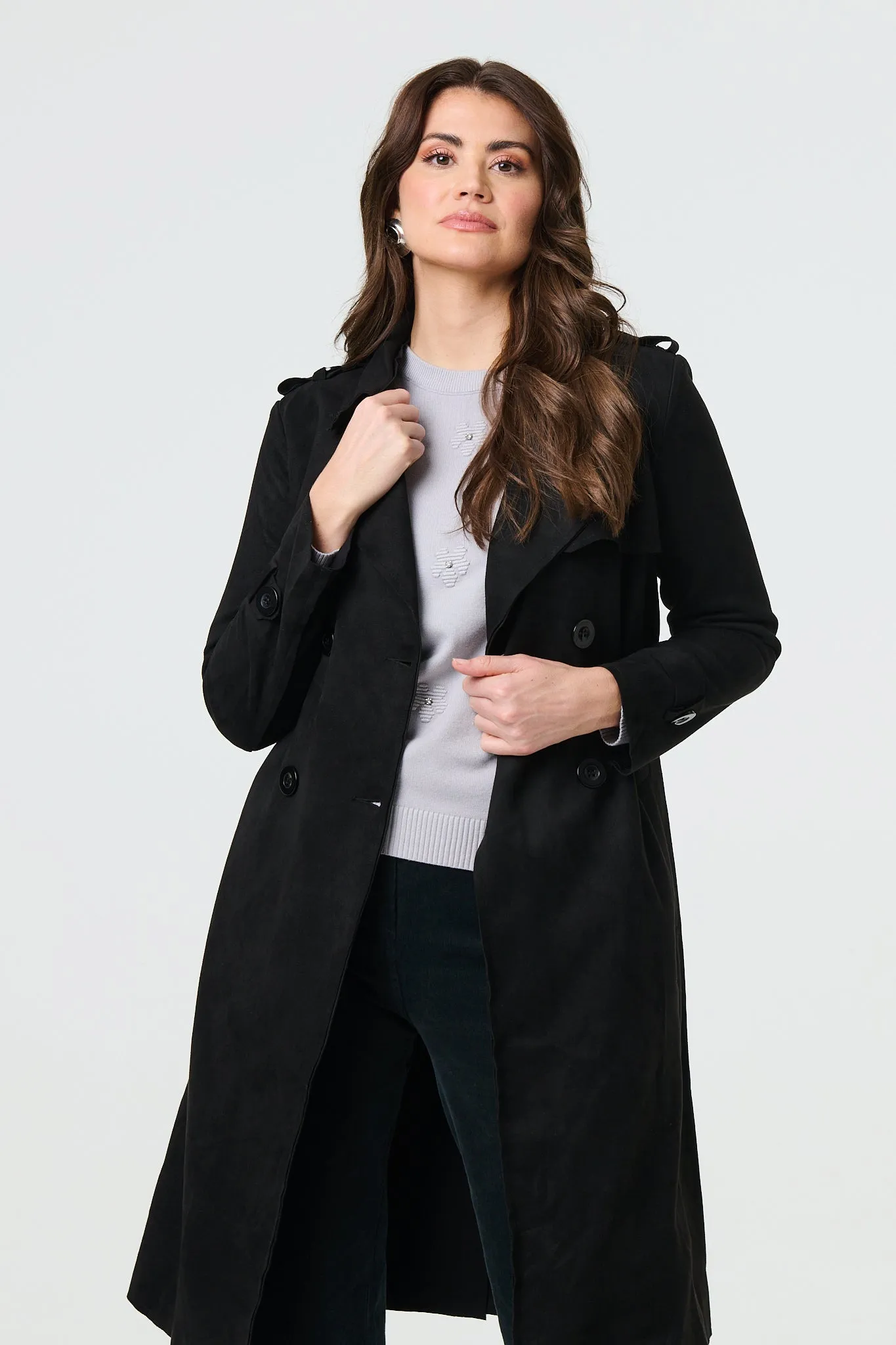 Suede Tie Waist Button Front Trench Coat