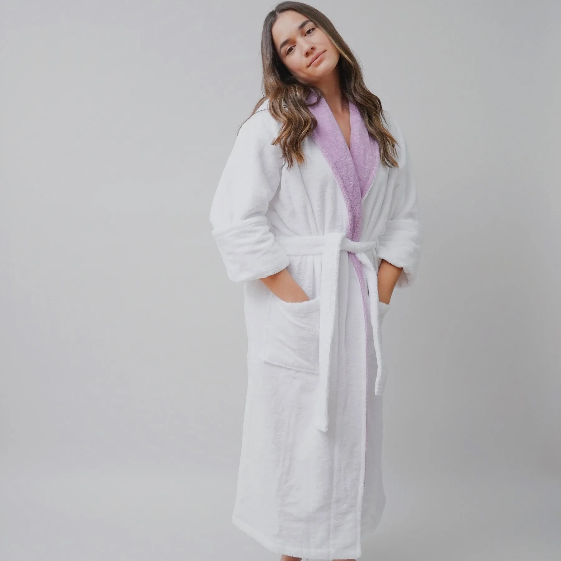 taurus mountain collection absorb8™ shawl collar robe, white with lilac shawl