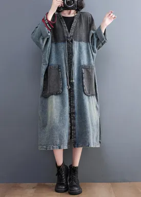 Vintage Denim Blue V Neck Patchwork Trench Coat Spring