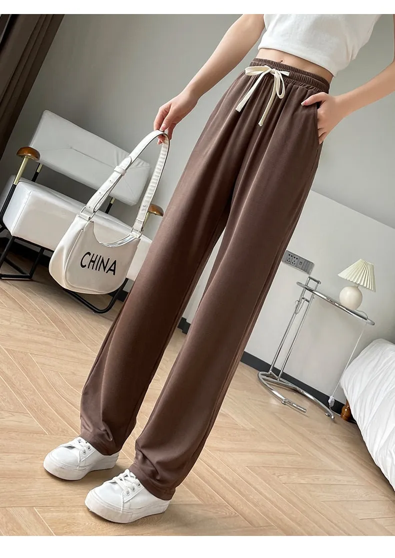 Wjczt Girls' New Summer Slim Ice Silk Quick Drying Wide Leg Pants Women'S Fashion Trend Versatile Anti Mosquito Straight Trousers