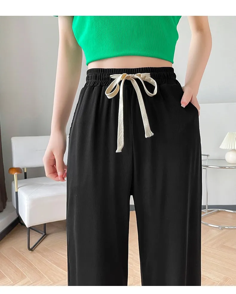 Wjczt Girls' New Summer Slim Ice Silk Quick Drying Wide Leg Pants Women'S Fashion Trend Versatile Anti Mosquito Straight Trousers