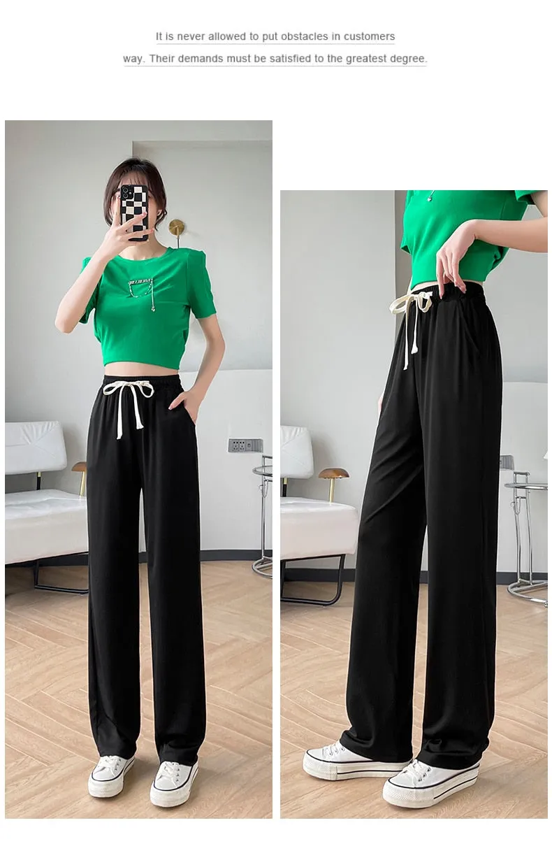 Wjczt Girls' New Summer Slim Ice Silk Quick Drying Wide Leg Pants Women'S Fashion Trend Versatile Anti Mosquito Straight Trousers