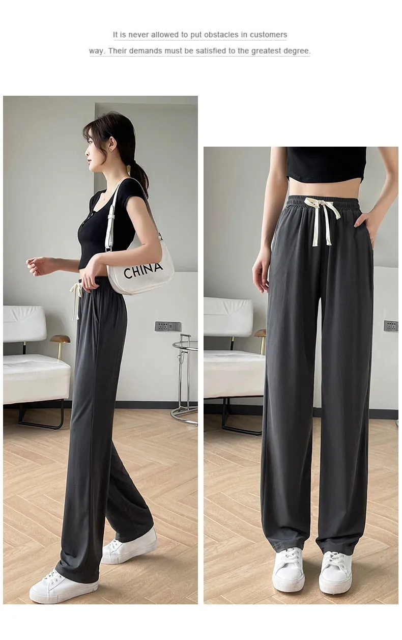 Wjczt Girls' New Summer Slim Ice Silk Quick Drying Wide Leg Pants Women'S Fashion Trend Versatile Anti Mosquito Straight Trousers