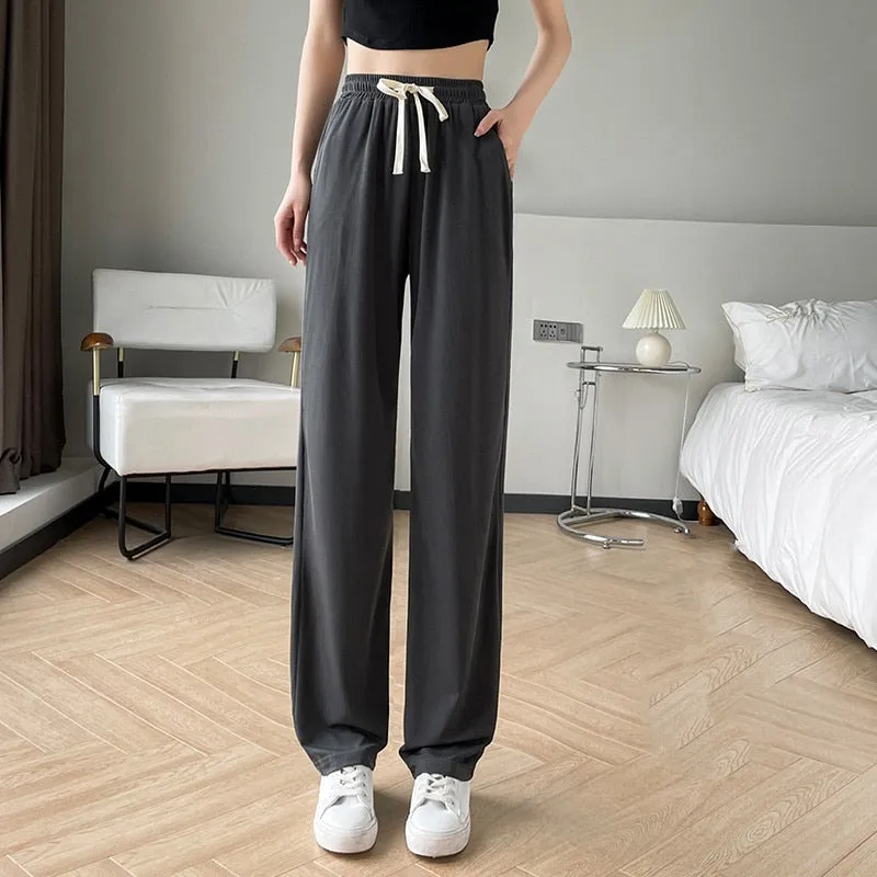 Wjczt Girls' New Summer Slim Ice Silk Quick Drying Wide Leg Pants Women'S Fashion Trend Versatile Anti Mosquito Straight Trousers