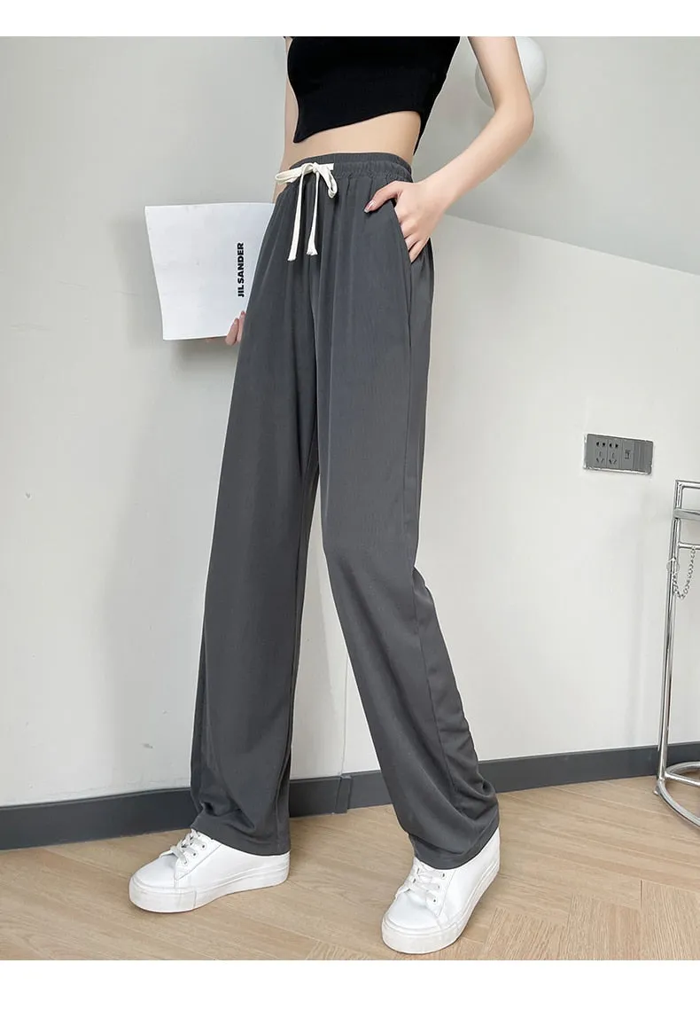 Wjczt Girls' New Summer Slim Ice Silk Quick Drying Wide Leg Pants Women'S Fashion Trend Versatile Anti Mosquito Straight Trousers