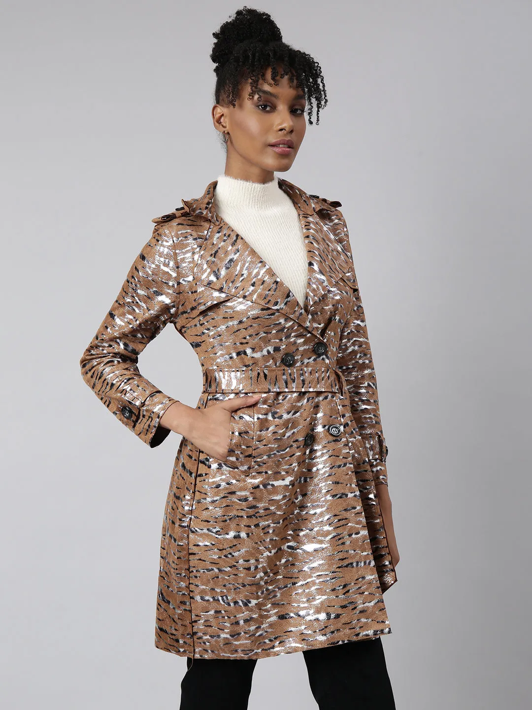 Women Abstract Longline Brown Trench Coat