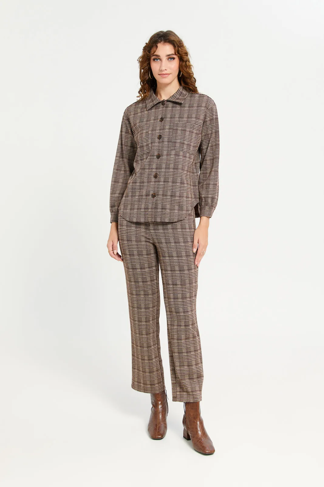 Women Brown Check Straight Fit Trouser