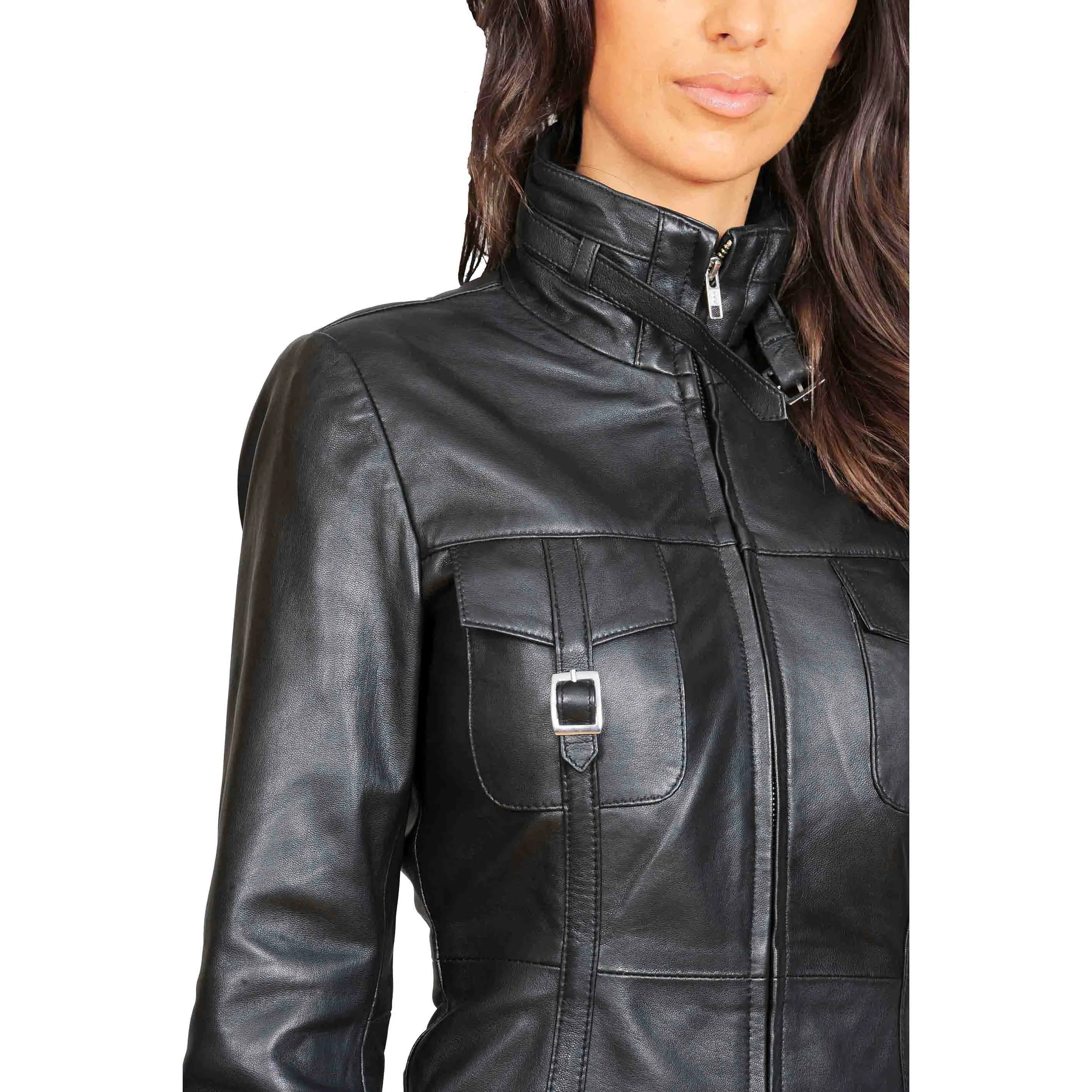 Womens 3/4 Long Zip Fasten Leather Jacket Carol Black