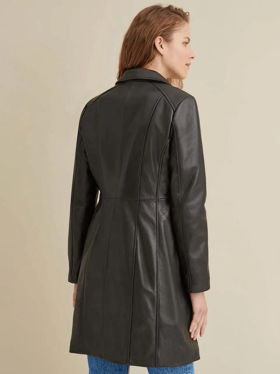 Women’s Classic Black Leather Long Trench Coat