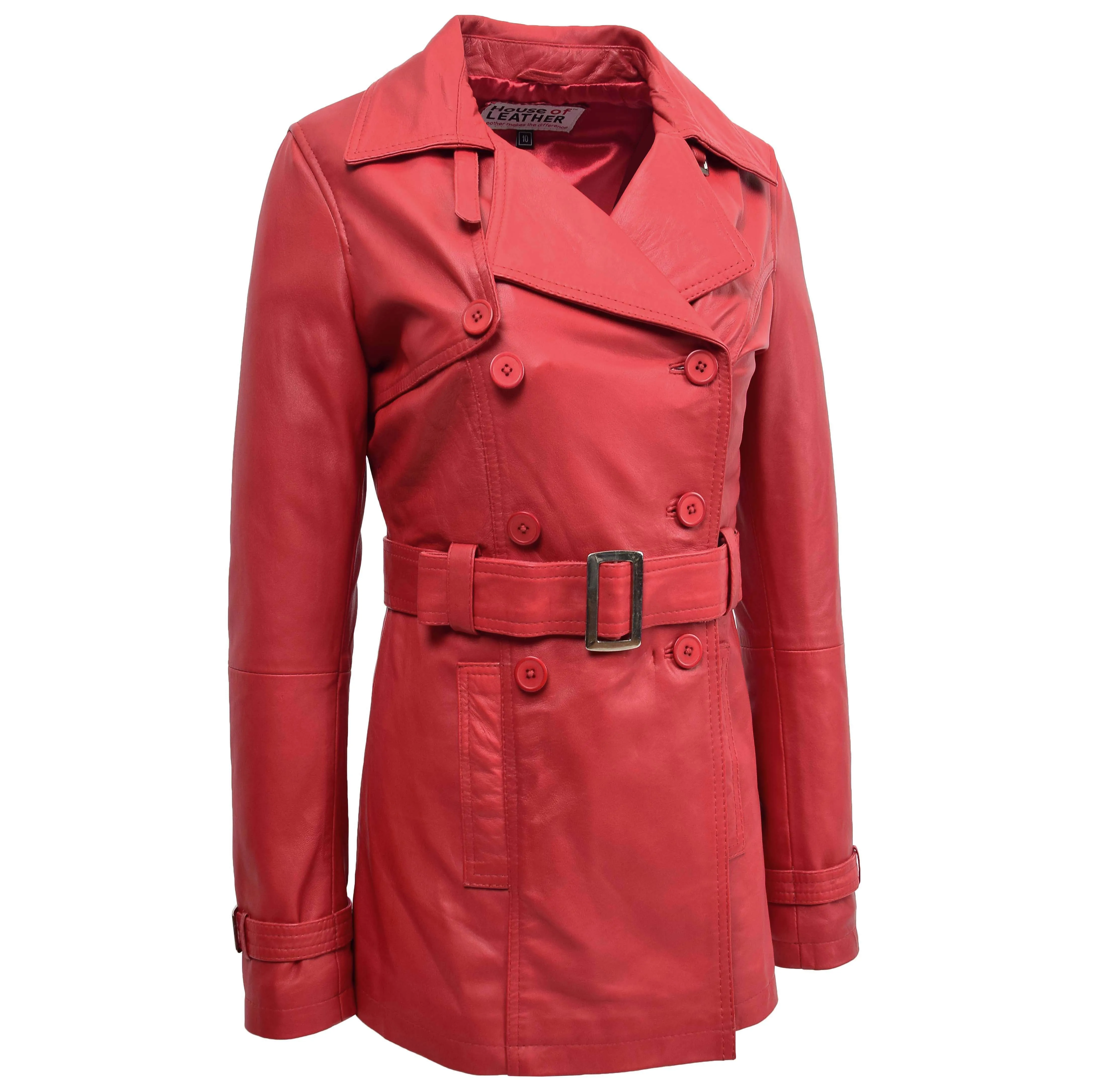 Womens Leather Double Breasted Trench Coat Sienna Red