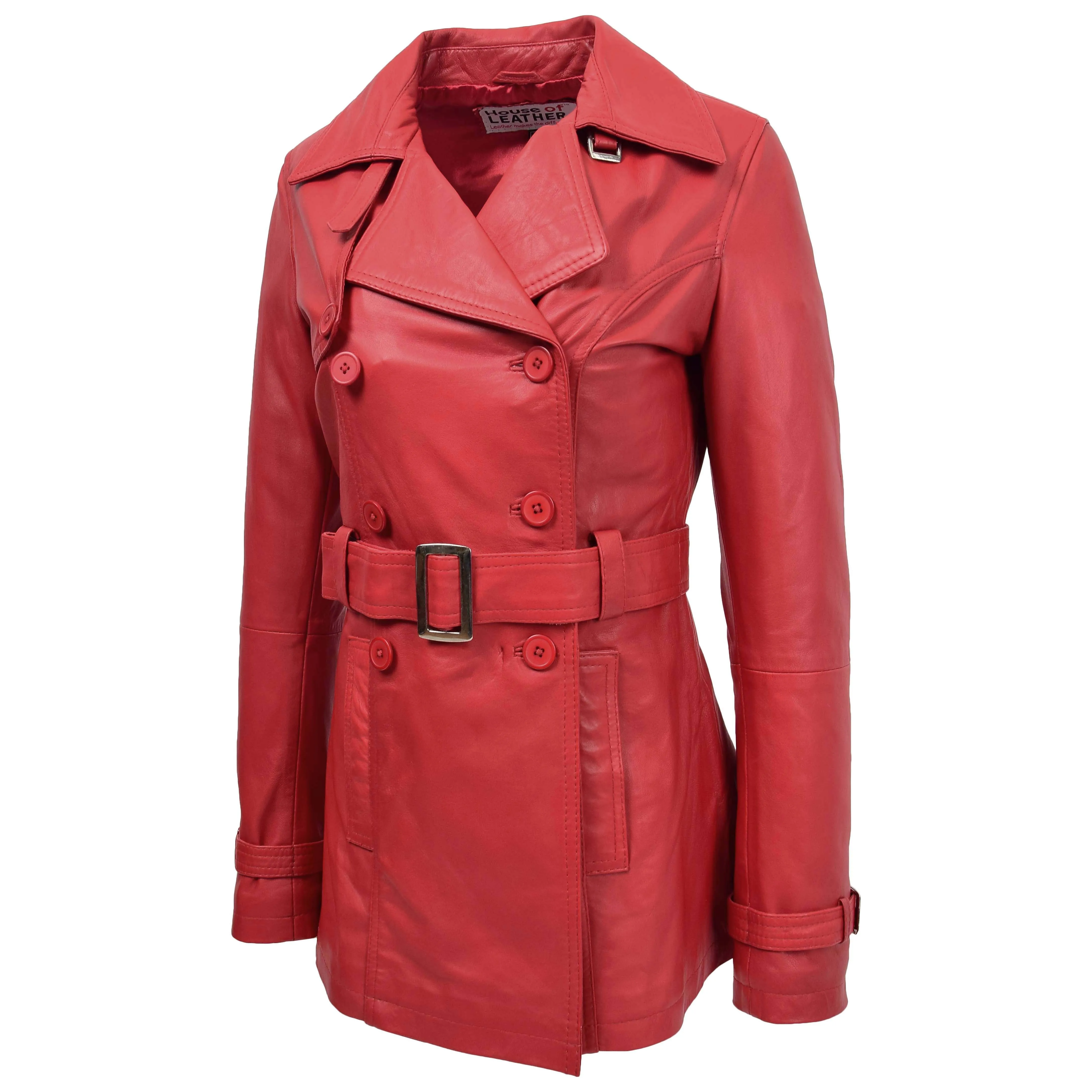 Womens Leather Double Breasted Trench Coat Sienna Red