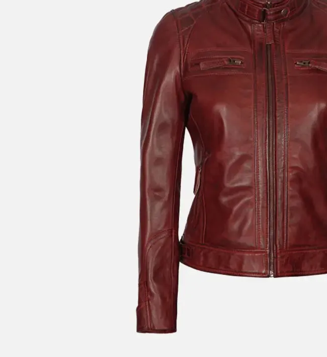 Women's Maroon Quilted Cafe Racer Leather Jacket