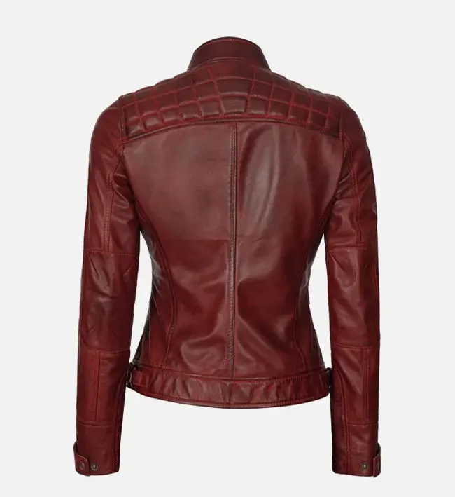 Women's Maroon Quilted Cafe Racer Leather Jacket