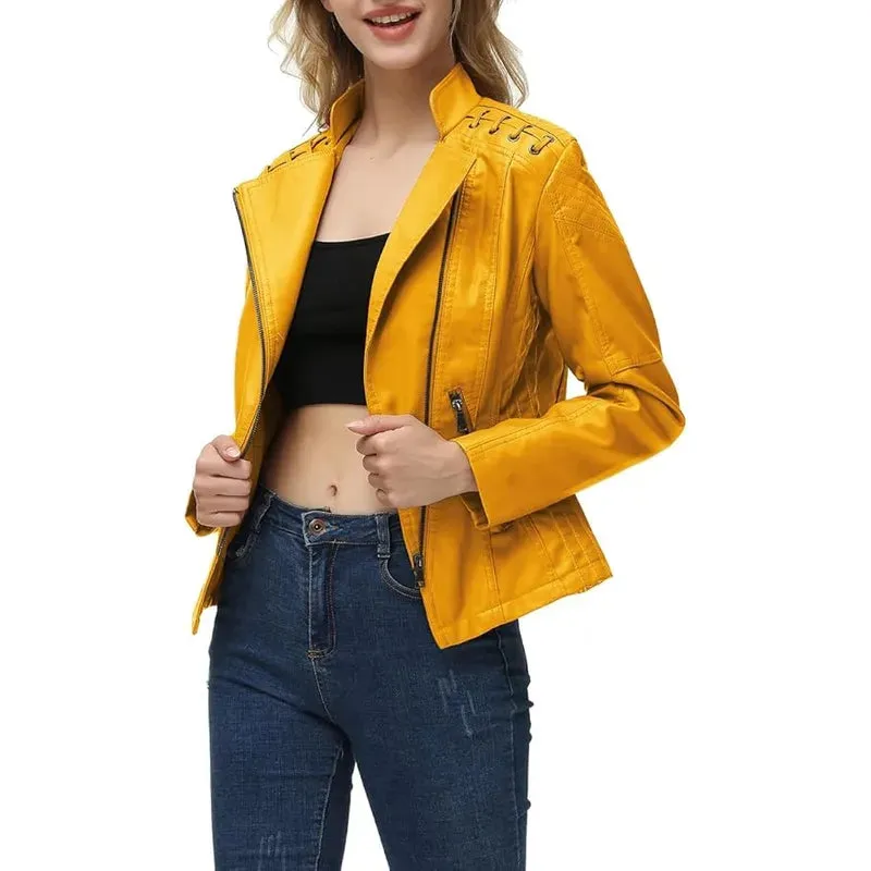 Women's Yellow Casual Leather Jacket